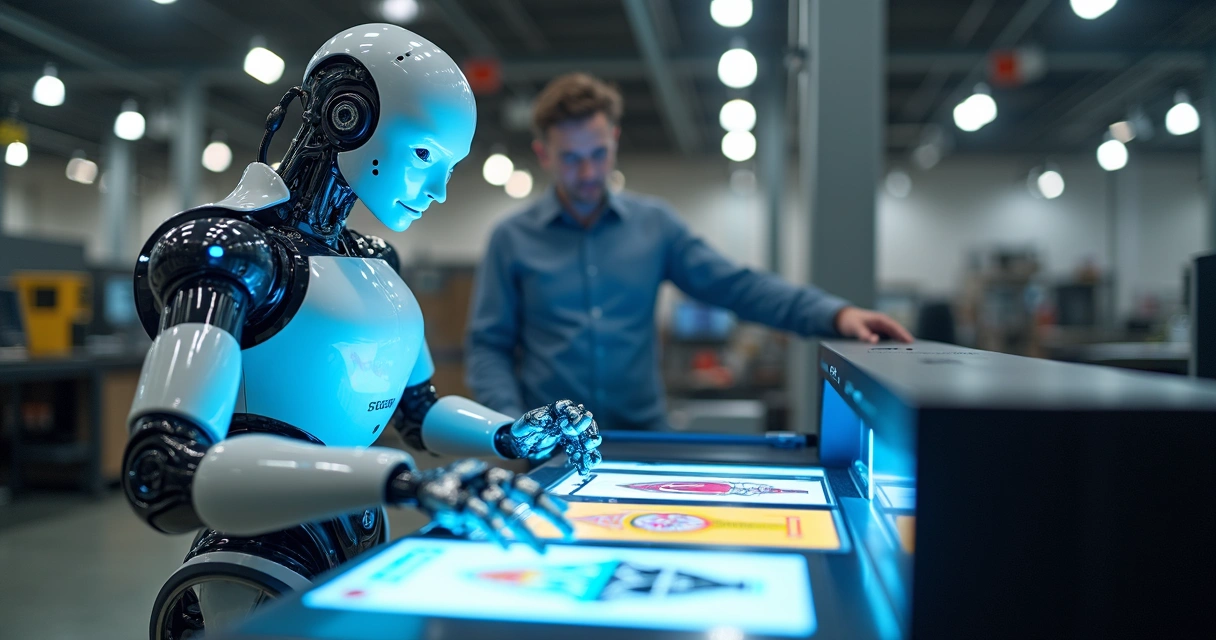 Robô industrial programando impressora digital com painel touchscreen 