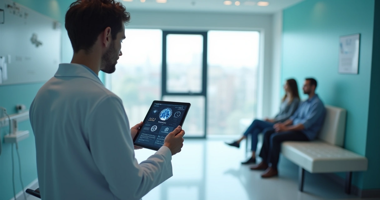 Doctor usando tablet com interface digital de IA na frente de pacientes 