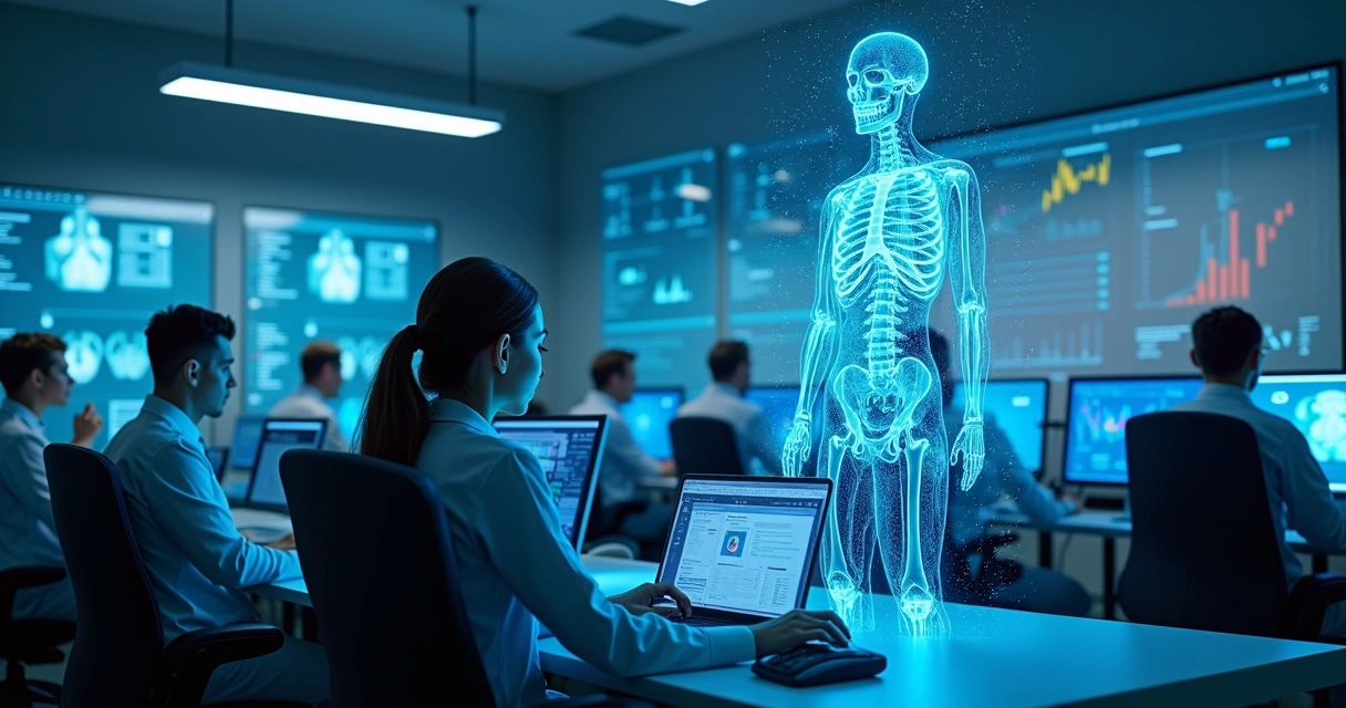 Representação de inteligência artificial apoiando estudantes de medicina 