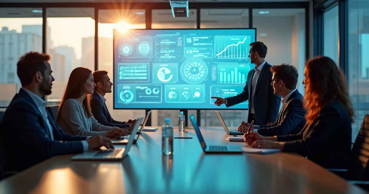 Equipe de negócios em escritório moderno colaborando com painéis digitais de inteligência artificial 