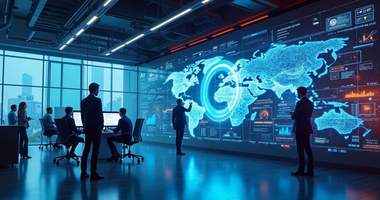 Painel digital com dados e inteligência artificial em empresa moderna 