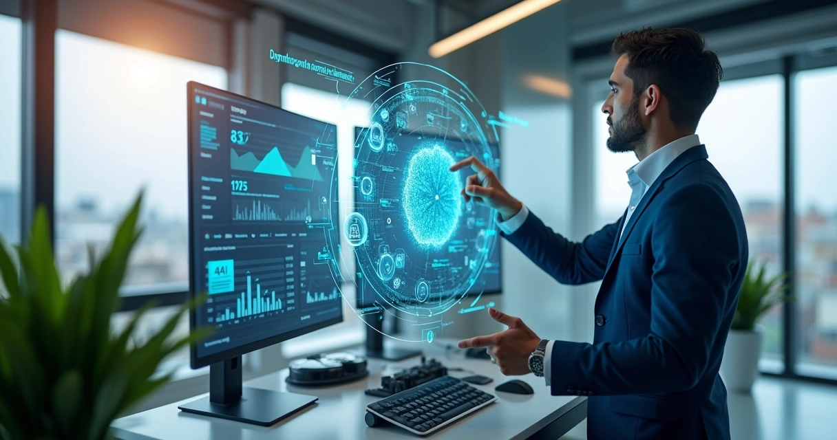 Profissional usando inteligência artificial no ambiente de trabalho moderno com monitores digitais e gráficos interativos 