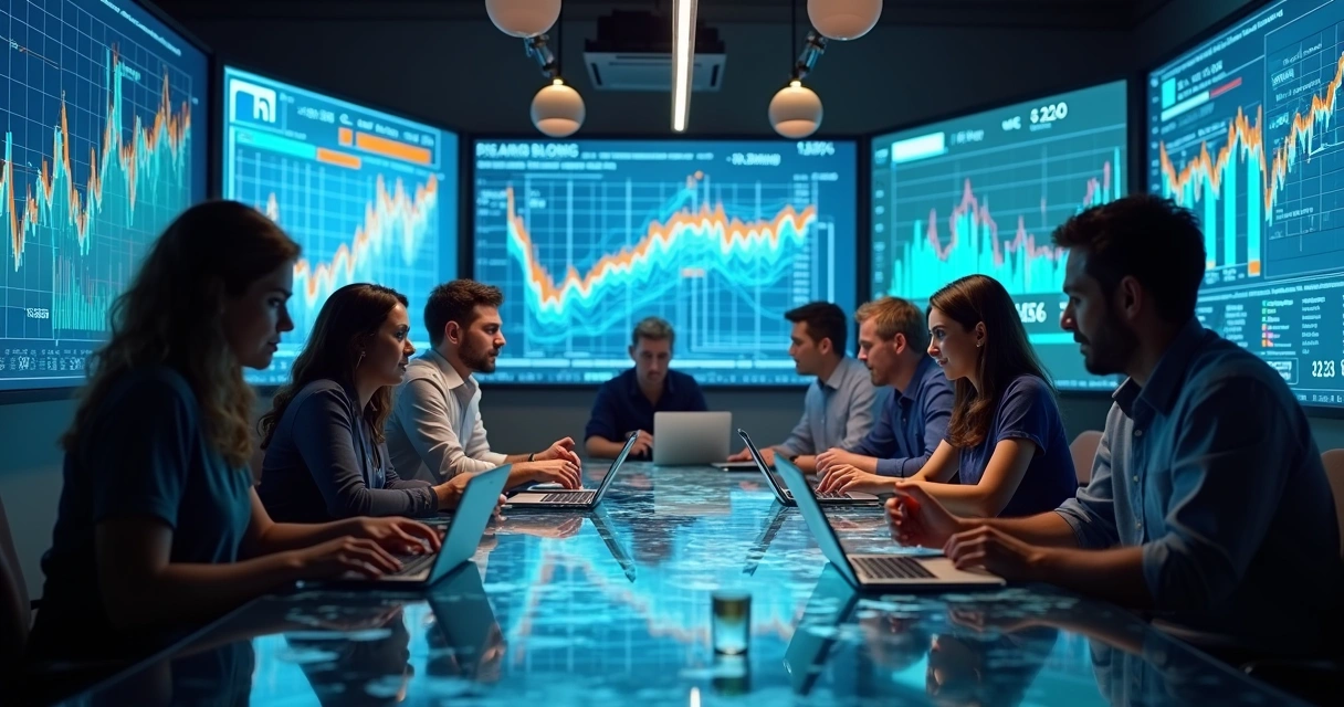 Reunião de time avaliando gráficos de dados em painéis digitais