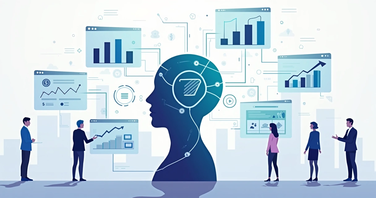 Ilustração corporativa mostrando inteligência artificial integrada à gestão de negócios 