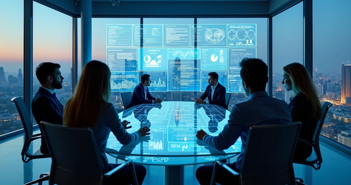 Sala de reuniões moderna com equipe analisando projeções feitas por inteligência artificial 