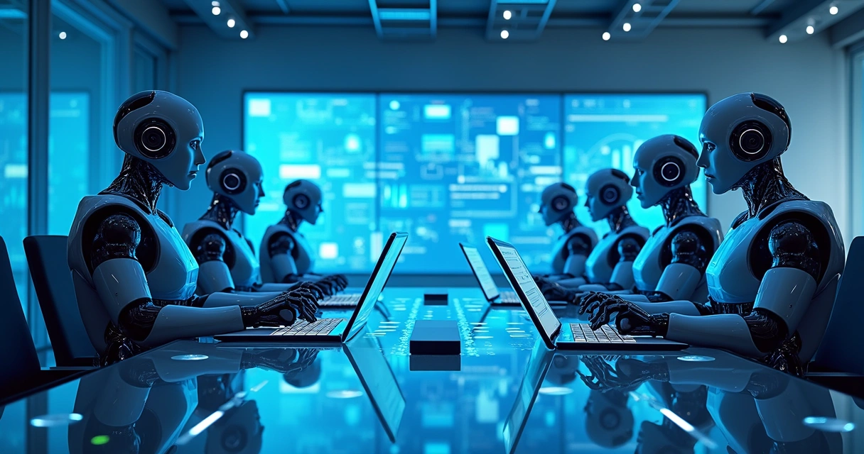 Robôs digitais e humanos colaborando em ambiente corporativo 