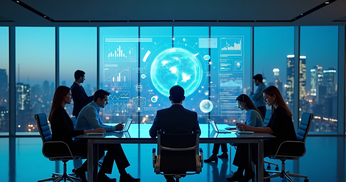 Conceito visual de inteligência artificial aplicada a negócios em um escritório moderno 