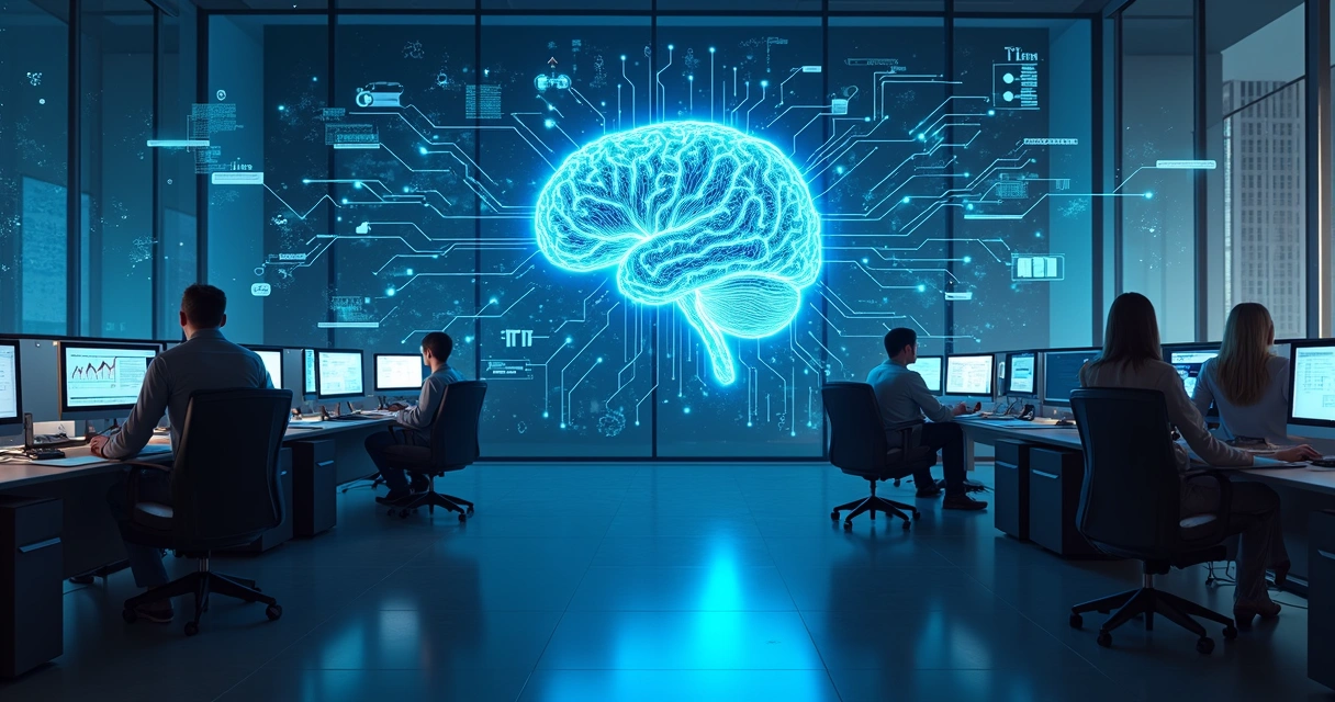 Representação visual de inteligência artificial conectando setores de uma empresa