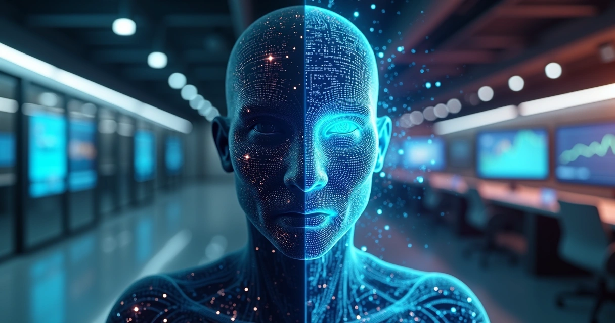 Rosto digital com circuitos e gráficos de análise 