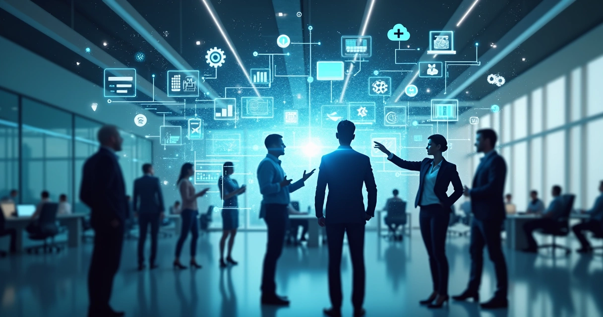 Representação digital de inteligência artificial integrada a setores empresariais variados 