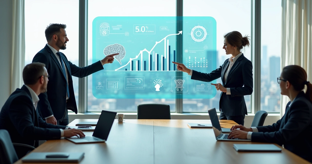 Executivos analisando painel digital com gráficos e ícones de inteligência artificial 