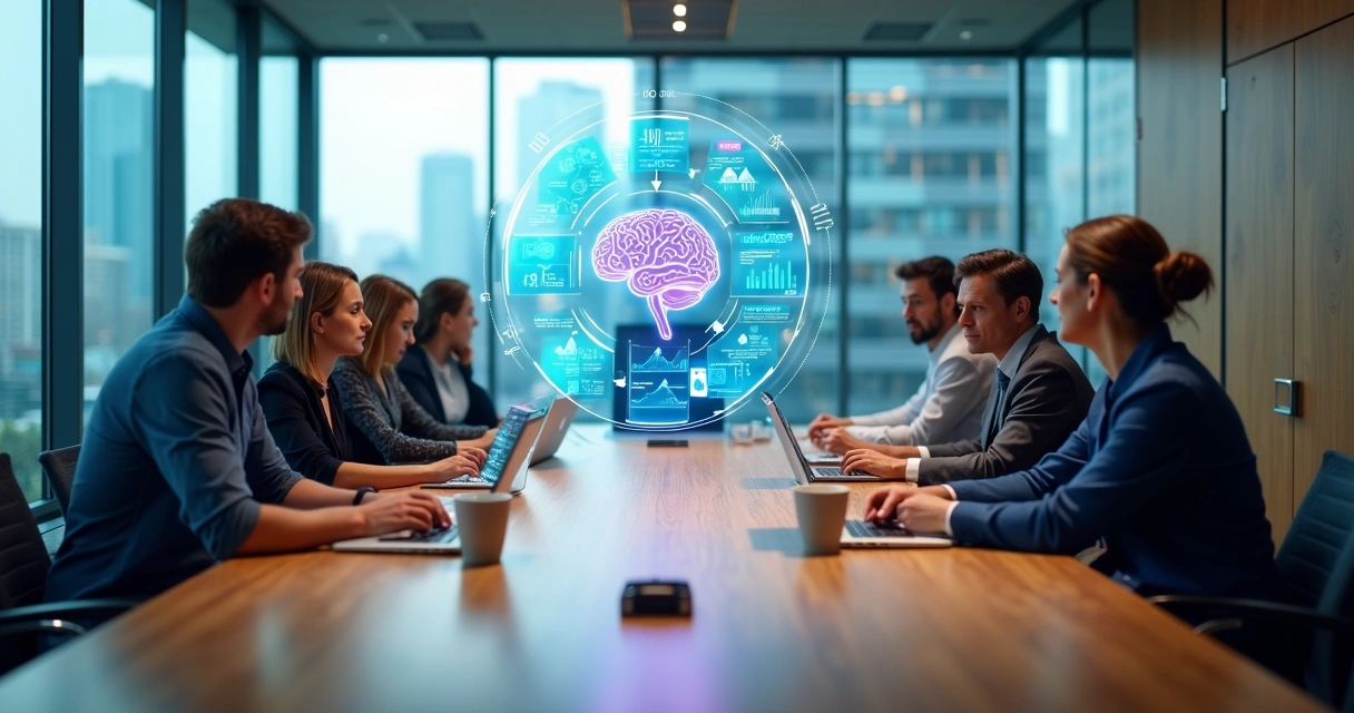 Equipe de empresa média observando painel digital com gráficos e ícones de inteligência artificial 