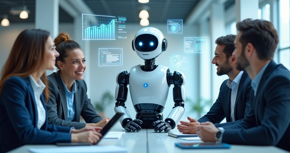 Robô inteligente ao lado de empresários em ambiente de trabalho 