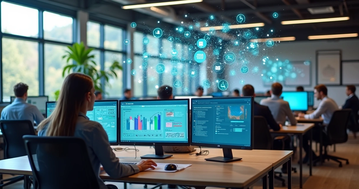 Ambiente de trabalho com elementos de IA e equipe focada em computadores 