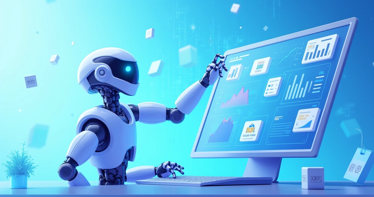 Robô analisando dados de loja virtual em tela digital grande 