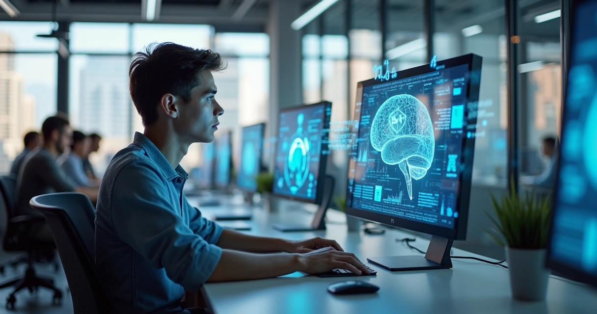 Pessoa usando computador em escritório moderno com gráficos de IA na tela. 