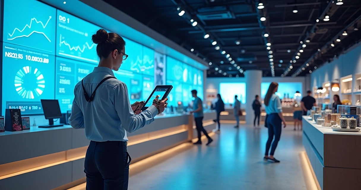 Telas com gráficos de vendas, robôs e clientes juntos em loja. 