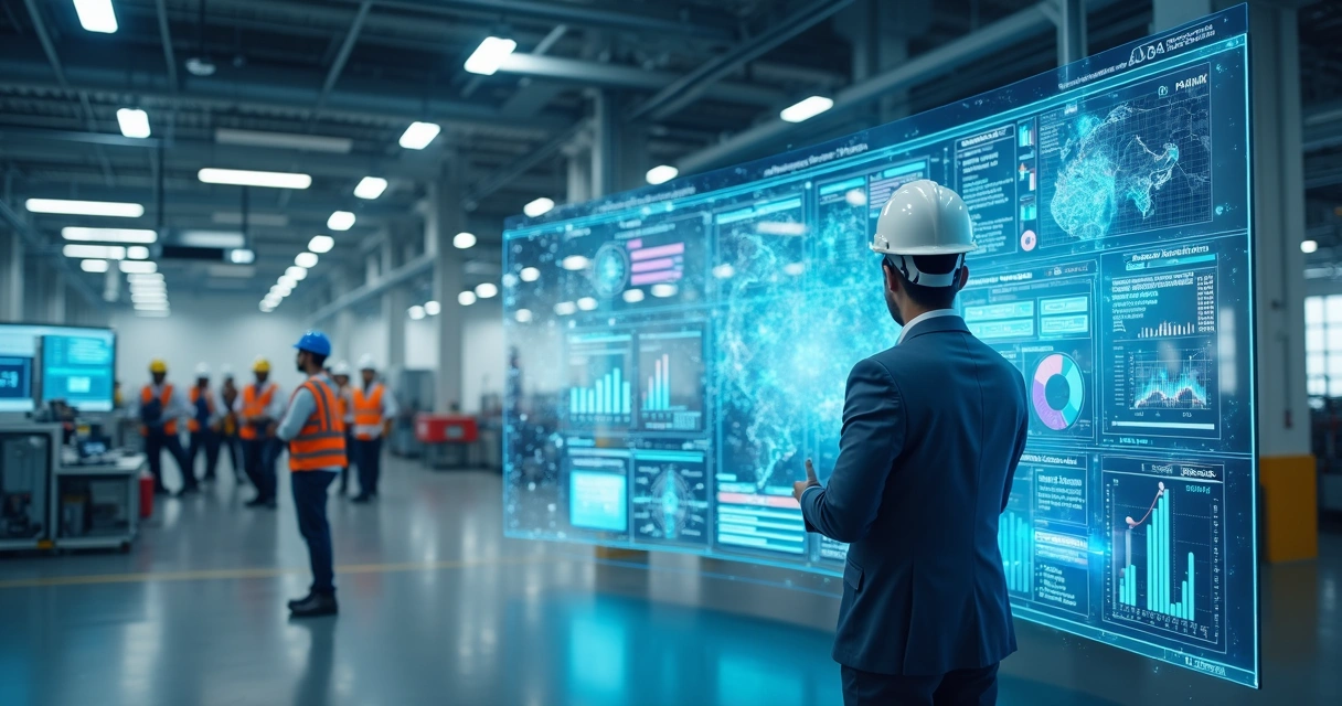 Profissional de segurança do trabalho analisando painel digital com inteligência artificial 