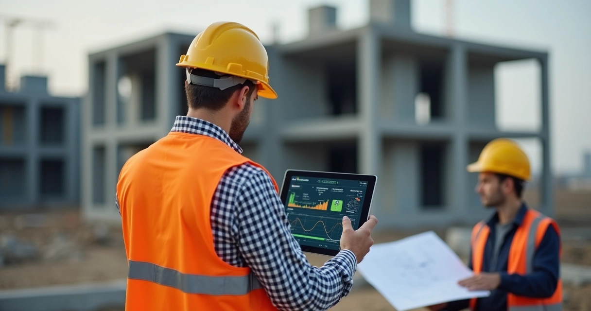 Técnico usando tablet com IA da Simia na obra 
