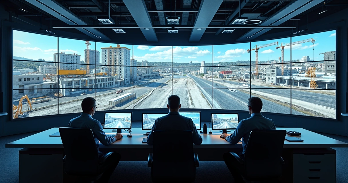 Sala de monitoramento usando IA para analisar imagens de obra 