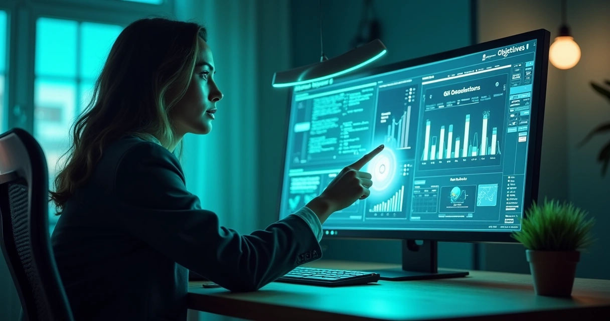 Ilustração de IA auxiliando gerente a criar OKR em plataforma digital para PME. 