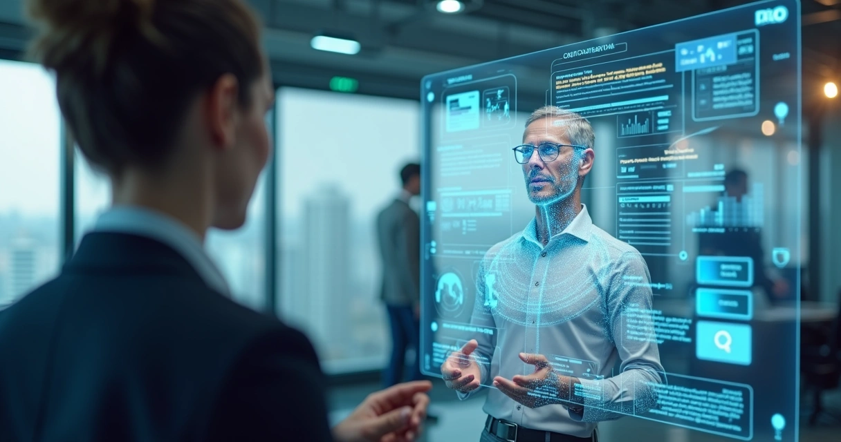 Assistente digital interagindo com fornecedor em ambiente corporativo moderno 