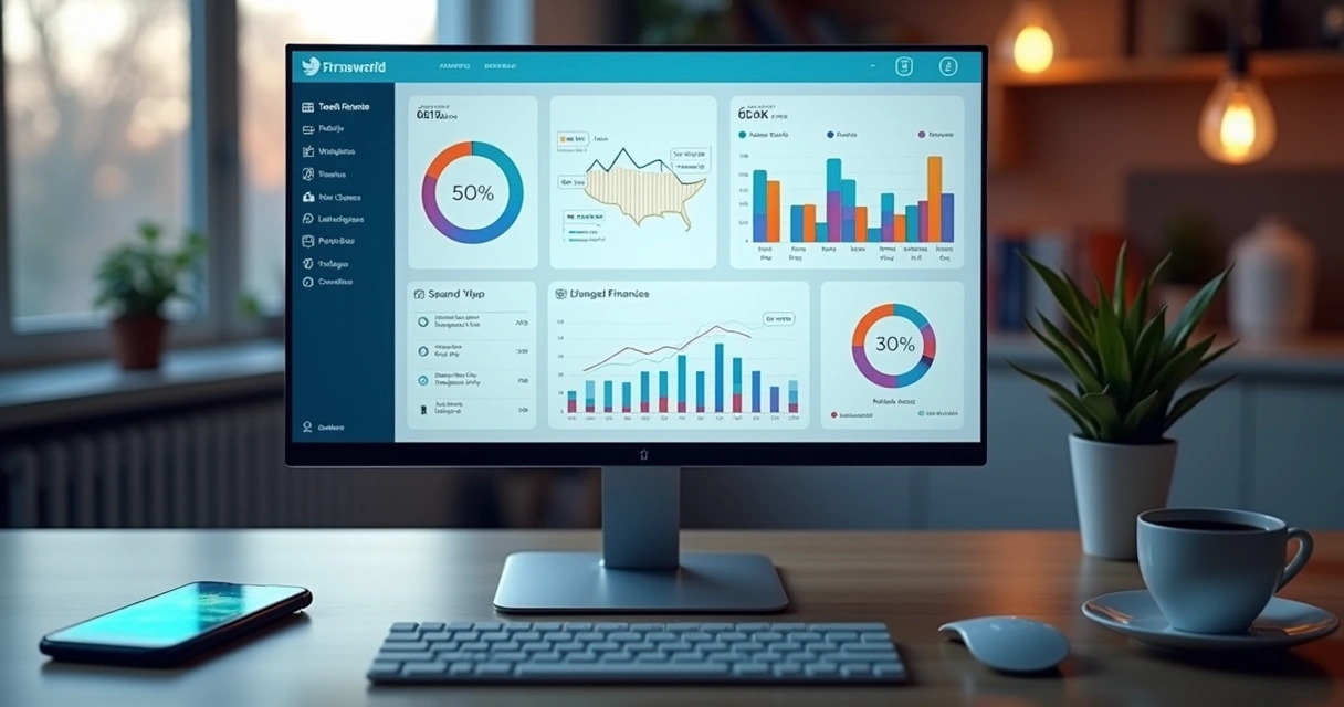 Computador com interface de inteligência artificial mostrando gráficos financeiros detalhados e análise de dados financeiros pessoais 