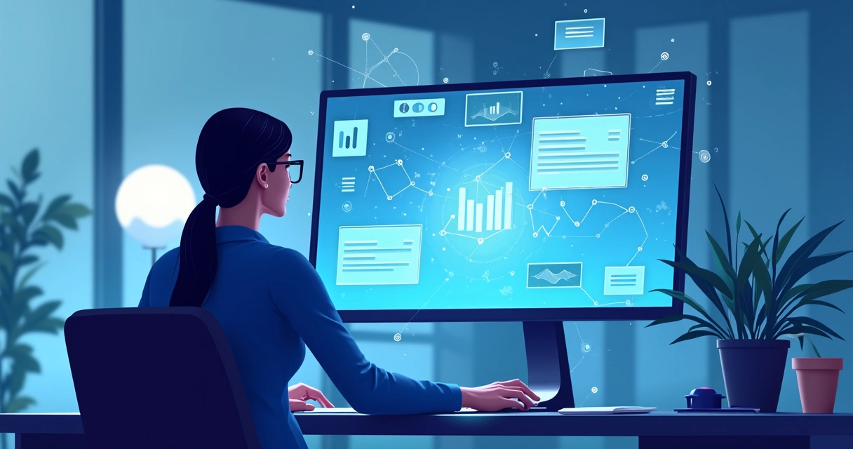 Ilustração de agente de inteligência artificial ajustando elementos de uma landing page em tempo real em tela de computador 