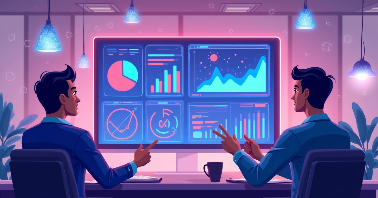 Parceiros interagindo com IA em dashboards virtuais coloridos 