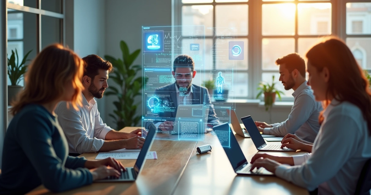 Ambiente moderno de escritório com pequena equipe usando computadores e robôs digitais representando inteligência artificial ao redor 