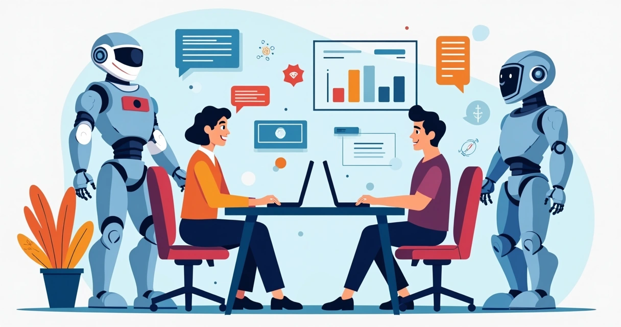 Ilustração corporativa mostrando pequenos empresários interagindo com assistentes digitais, gráficos de automação e robots de IA em cenário de escritório moderno colorido 