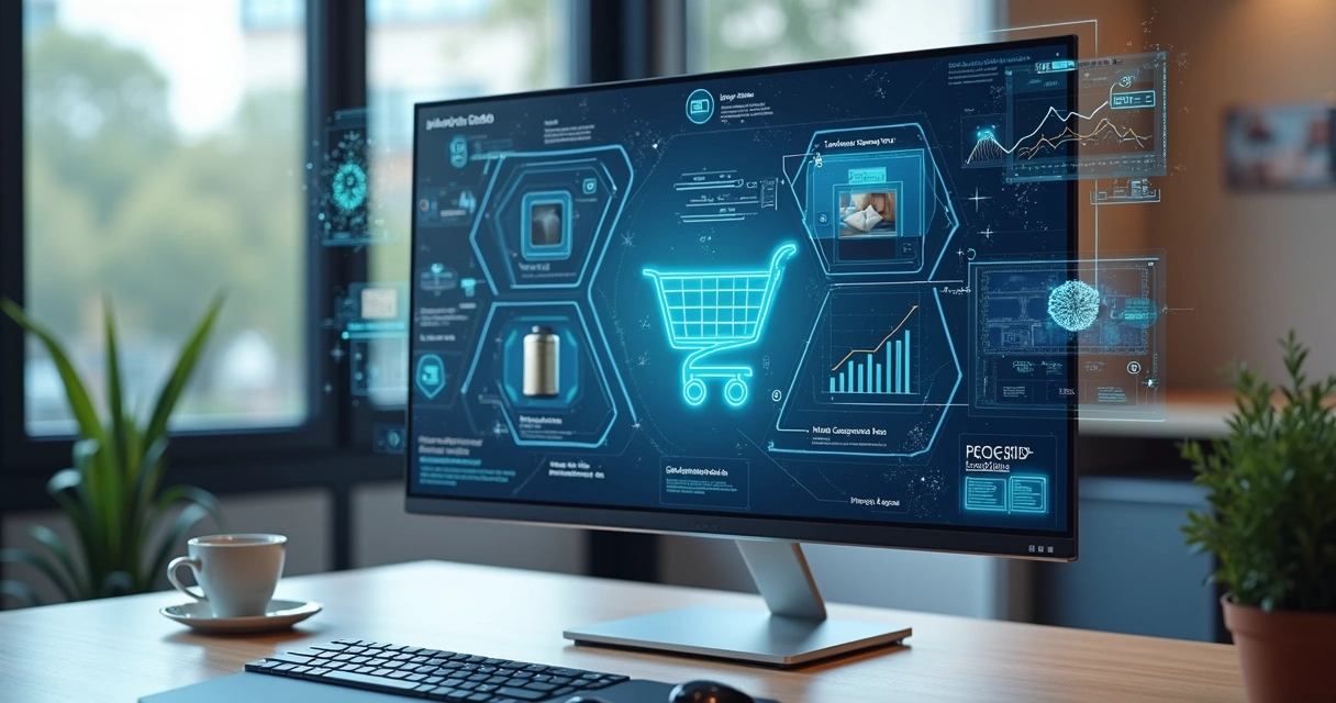 Computador mostrando ofertas personalizadas para e-commerce com gráficos de dados e ícones de inteligência artificial ao redor 