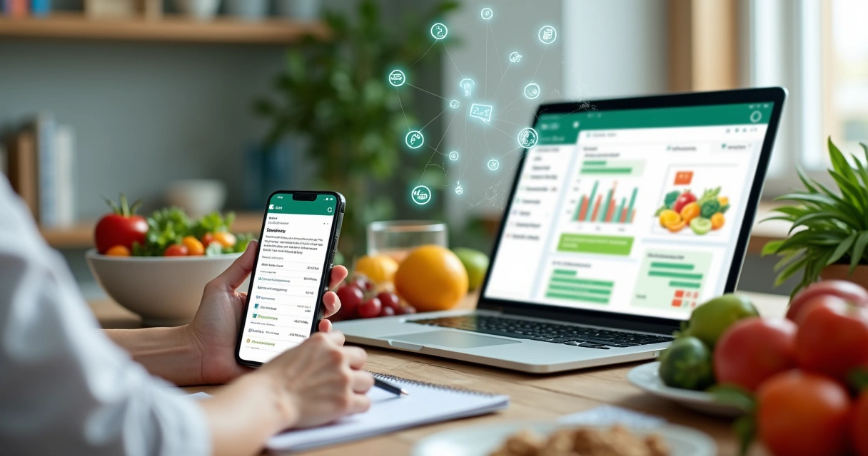 Nutricionista analisando plano alimentar digital com ícones de inteligência artificial 