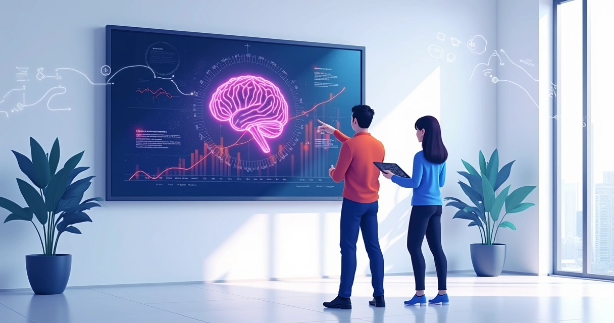 Painel com gráficos e inteligência artificial representada visualmente em escritório moderno 