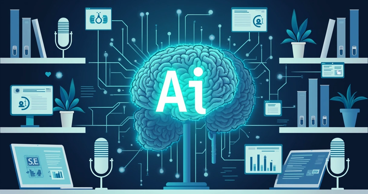Ilustração de IA monitorando diversos podcasts com gráficos e microfones 