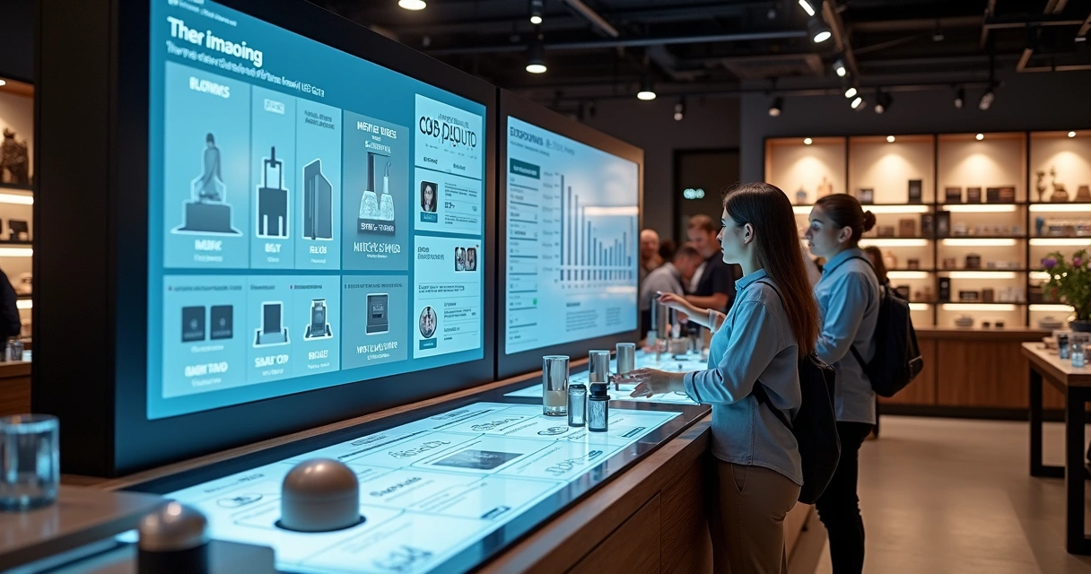 Balcão de loja com interface digital mostrando dados de vendas 