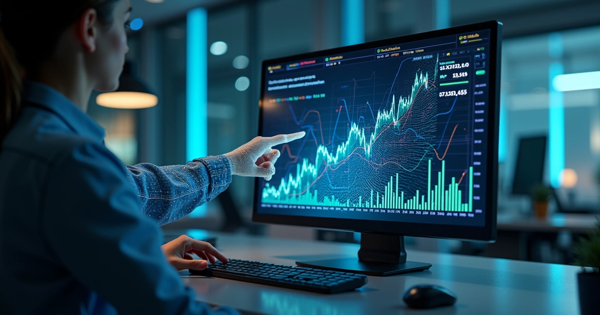 Tela digital mostrando gráficos financeiros com inteligência artificial prevendo receitas futuras 