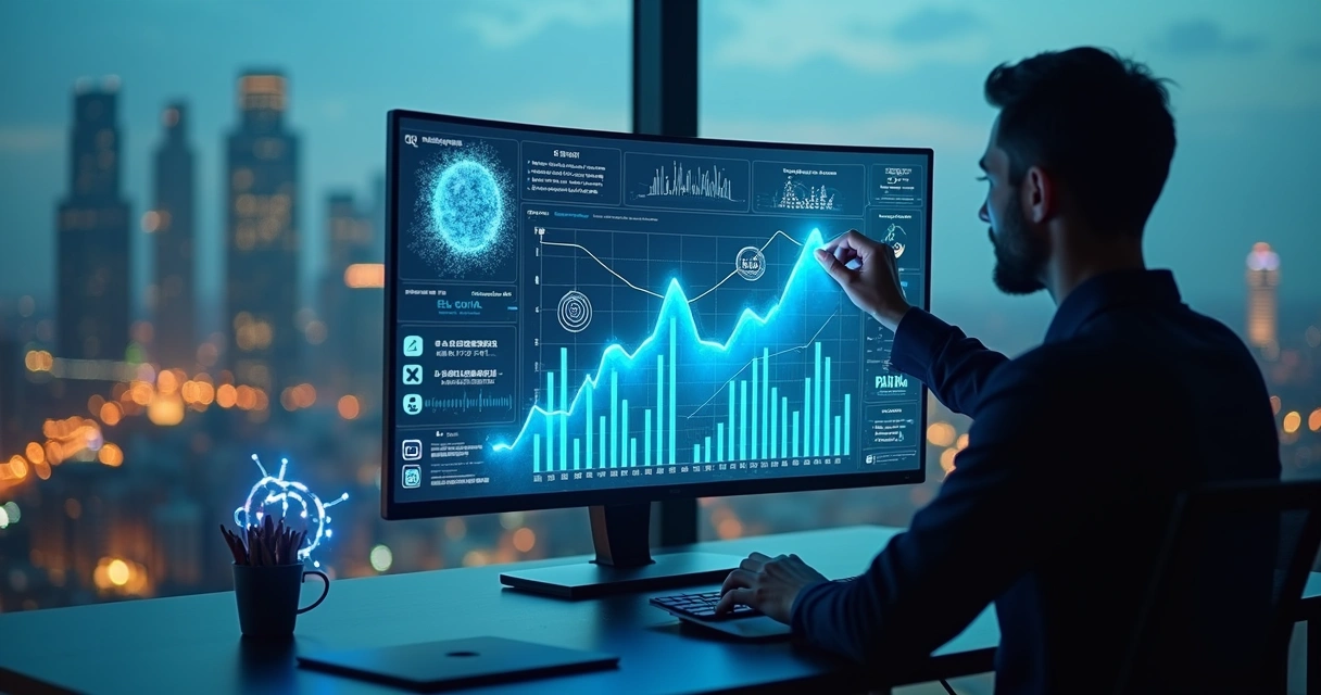 Painel com gráficos de vendas sendo analisados por inteligência artificial 