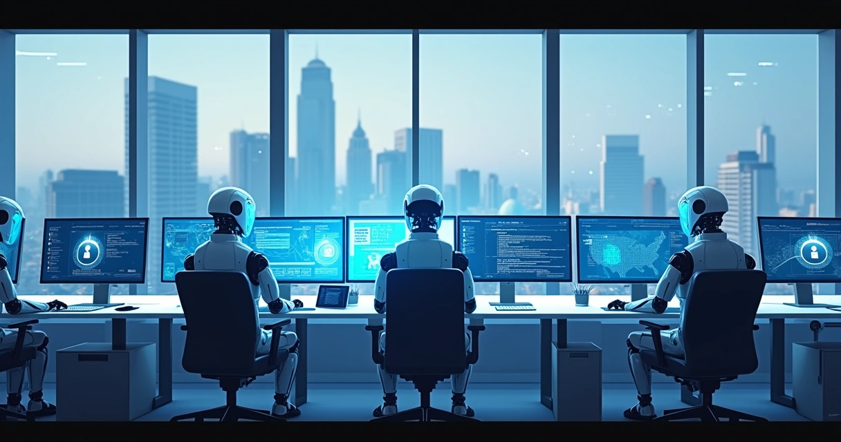 Robôs analisando dados em ambiente corporativo moderno 