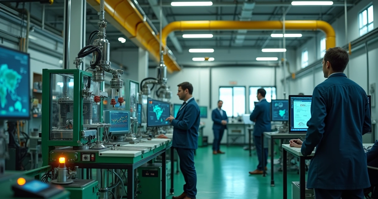 Processo industrial com sensores e IA monitorando parâmetros de produção