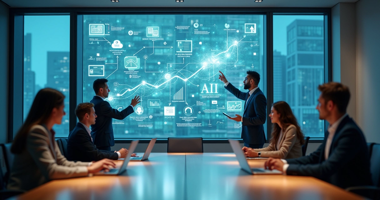 Executivos analisando painel digital com fluxos de processos automatizados por inteligência artificial 