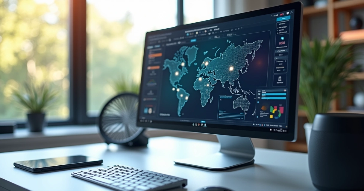 Computador com interface de plataforma EAD exibindo gráficos e ícones de inteligência artificial para produção de conteúdo digital 