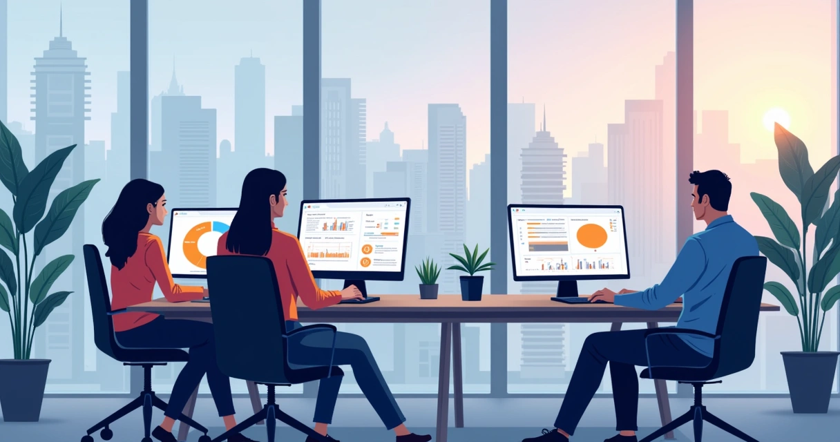 Conceito de inteligência artificial com gráficos digitais e equipe de vendas olhando para tela 