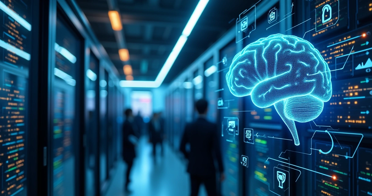 Representação de IA analisando fluxos de dados empresariais 