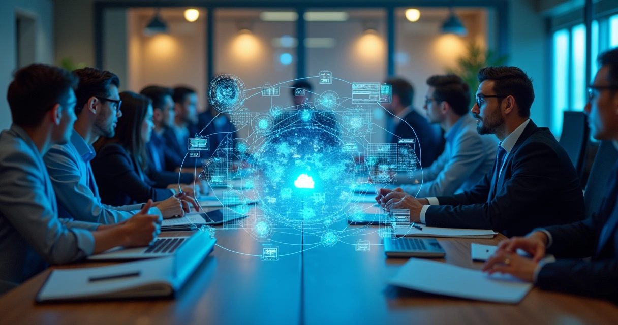 Mesa de reunião com gráficos digitais e conceito de inteligência artificial 