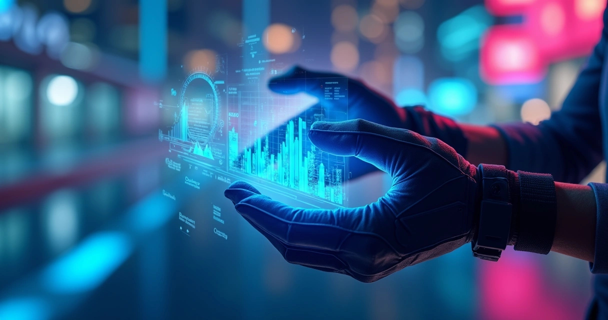 Mãos humanas usando óculos de realidade virtual com gráficos digitais holográficos de inteligência artificial ao redor 