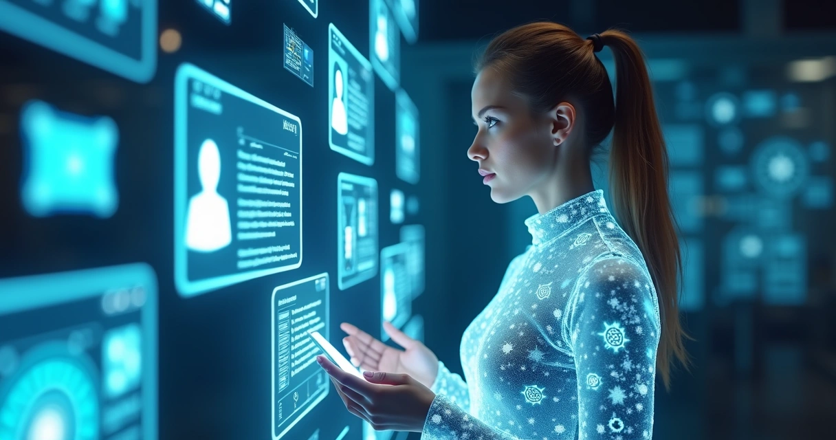 Assistente digital analisando conteúdos sociais em holograma 