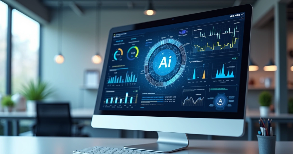 Tela de computador exibindo sistema de inteligência artificial responsável com gráficos e ícones tecnológicos 