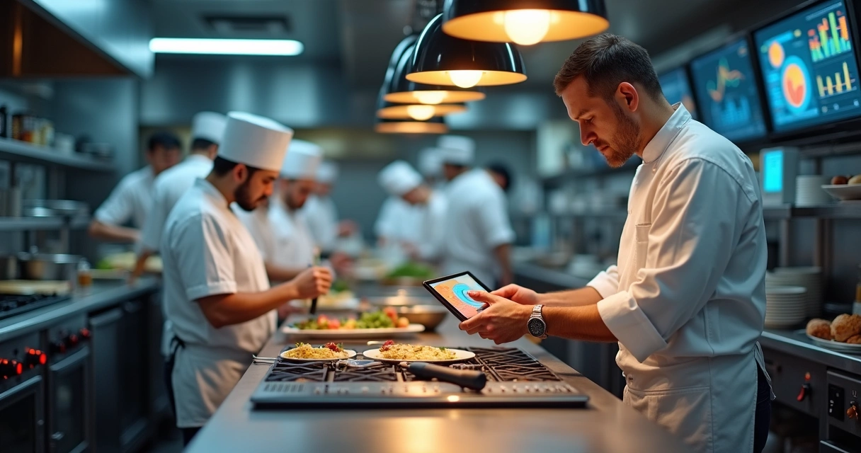 Equipe em restaurante usando sistema de inteligência artificial em tablets 