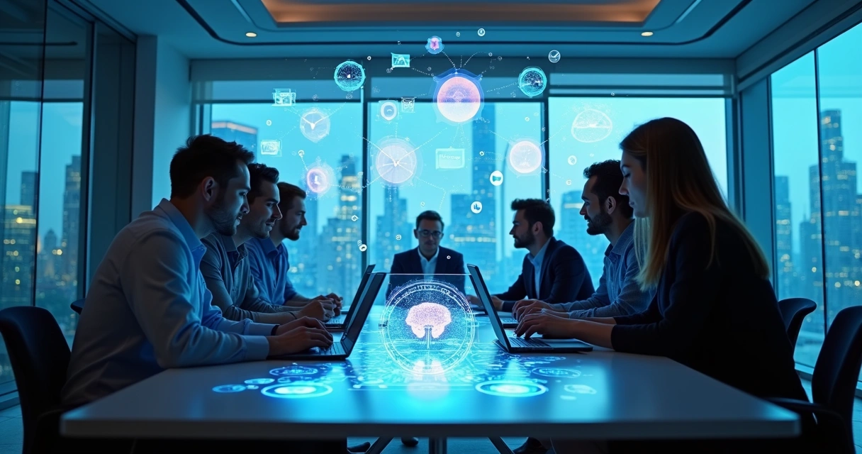 Equipe empresarial reunida discutindo automação com inteligência artificial 